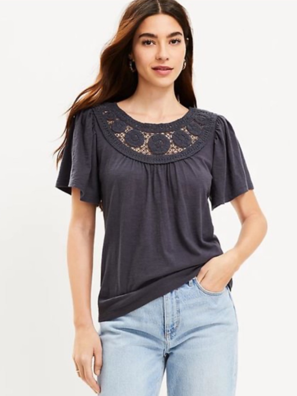 LOFT Cotton Slub Crochet Yoke Flutter Sleeve Top - Charcoal (Medium)